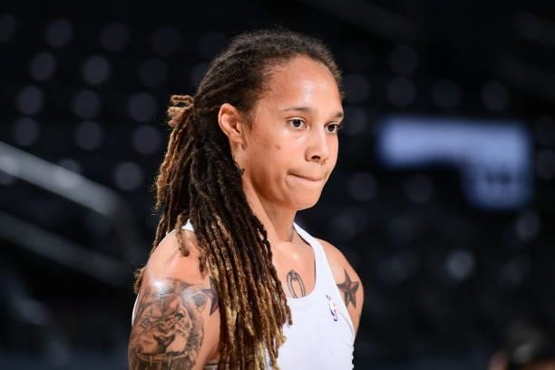 Brittney Griner of the Phoenix Mercury looks on before the game against the Minnesota Lynx on June 30, 2021 at Phoenix Suns Arena in Phoenix,...