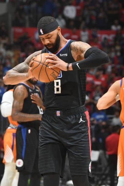 Marcus Morris Sr. #8 of the LA Clippers warms up prior to the game against the Phoenix Suns during Game 6 of the Western Conference Finals of the...