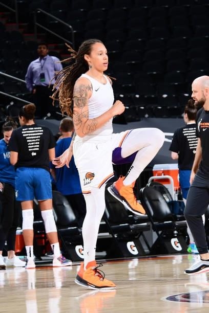 Brittney Griner of the Phoenix Mercury warms up before the game against the Minnesota Lynx on June 30, 2021 at Phoenix Suns Arena in Phoenix,...