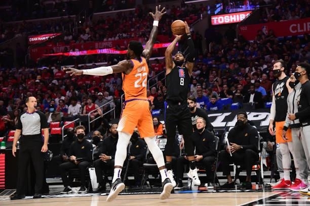 Marcus Morris Sr. #8 of the LA Clippers shoots the ball against the Phoenix Suns during Game 6 of the Western Conference Finals of the 2021 NBA...