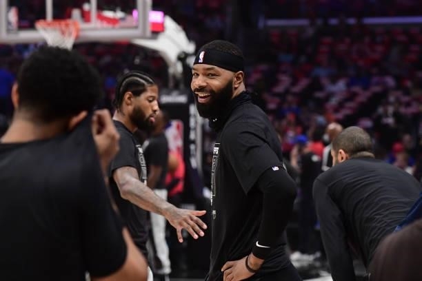 Marcus Morris Sr. #8 of the LA Clippers smiles before the game against the Phoenix Suns during Game 6 of the Western Conference Finals of the 2021...