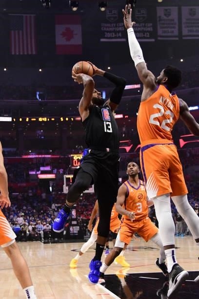 Paul George of the LA Clippers shoots the ball against the Phoenix Suns during Game 6 of the Western Conference Finals of the 2021 NBA Playoffs on...