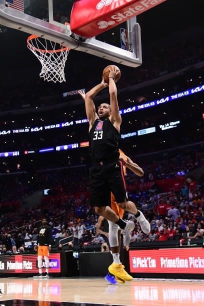 Nicolas Batum of the LA Clippers drives to the basket against the Phoenix Suns during Game 6 of the Western Conference Finals of the 2021 NBA...