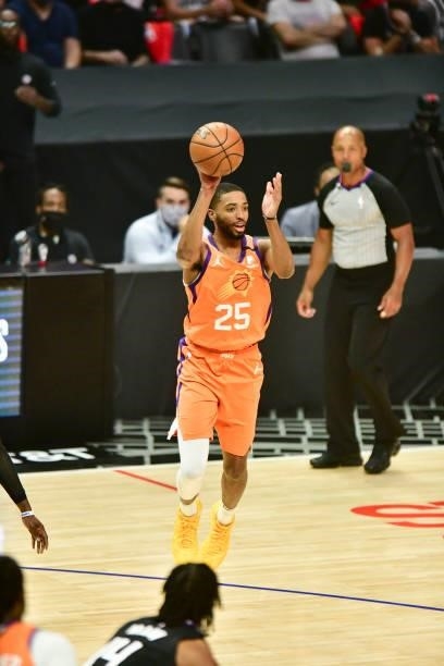 Mikal Bridges of the Phoenix Suns looks to pass the ball during the game against the LA Clippers during Game 6 of the Western Conference Finals of...