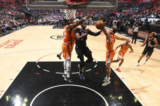 Reggie Jackson of the LA Clippers drives to the basket against the Phoenix Suns during Game 6 of the Western Conference Finals of the 2021 NBA...