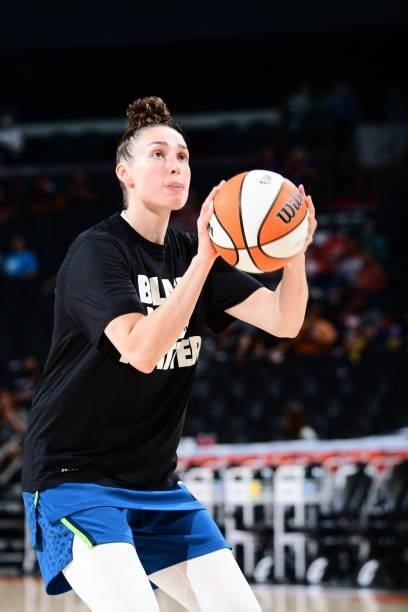Jessica Shepard of the Minnesota Lynx warms up before the game against the Phoenix Mercury on June 30, 2021 at Phoenix Suns Arena in Phoenix,...