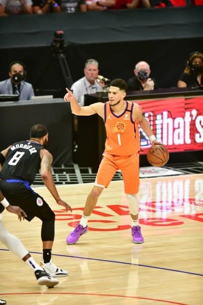 Devin Booker of the Phoenix Suns handles the ball during the game against the LA Clippers during Game 6 of the Western Conference Finals of the 2021...