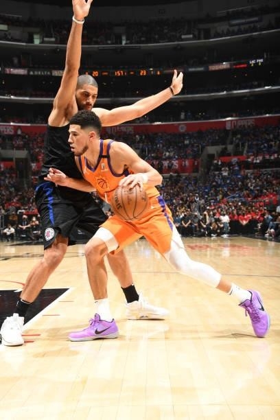 Devin Booker of the Phoenix Suns drives to the basket against the LA Clippers during Game 6 of the Western Conference Finals of the 2021 NBA Playoffs...