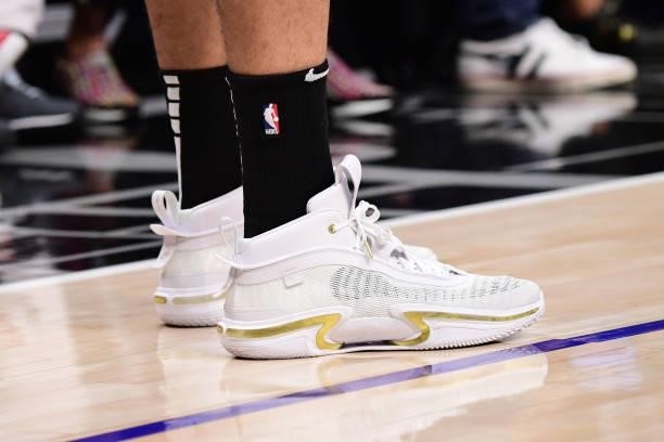 The sneakers of Nicolas Batum of the LA Clippers during Game 6 of the Western Conference Finals of the 2021 NBA Playoffs on June 30, 2021 at STAPLES...