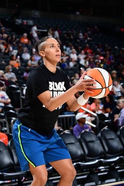 Layshia Clarendon of the Minnesota Lynx warms up before the game against the Phoenix Mercury on June 30, 2021 at Phoenix Suns Arena in Phoenix,...