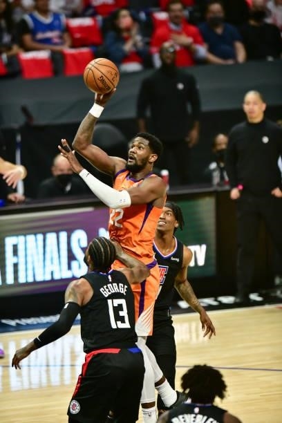 Deandre Ayton of the Phoenix Suns shoots the ball during the game against the LA Clippers during Game 6 of the Western Conference Finals of the 2021...