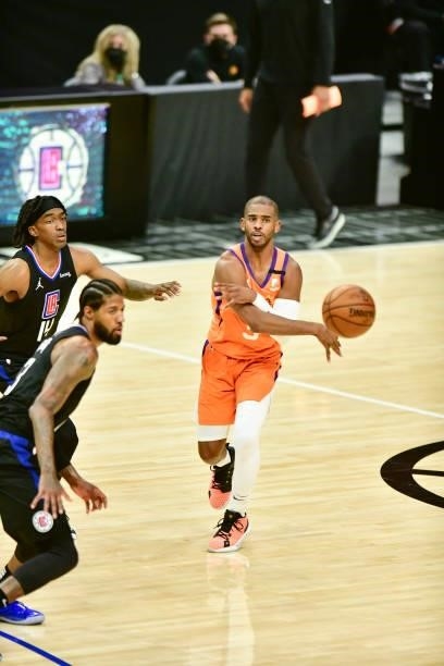 Chris Paul of the Phoenix Suns passes the ball during the game against the LA Clippers during Game 6 of the Western Conference Finals of the 2021 NBA...