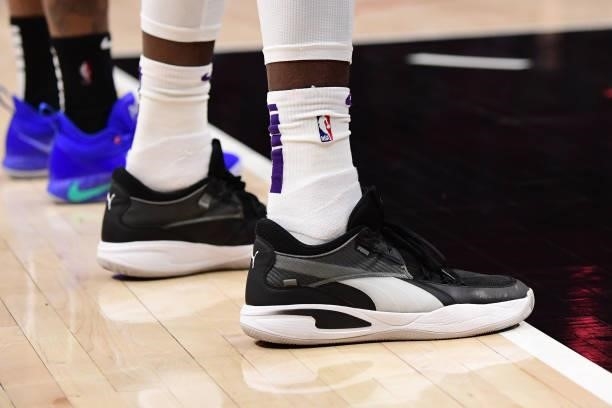 The sneakers of Deandre Ayton of the Phoenix Suns during Game 6 of the Western Conference Finals of the 2021 NBA Playoffs on June 30, 2021 at STAPLES...