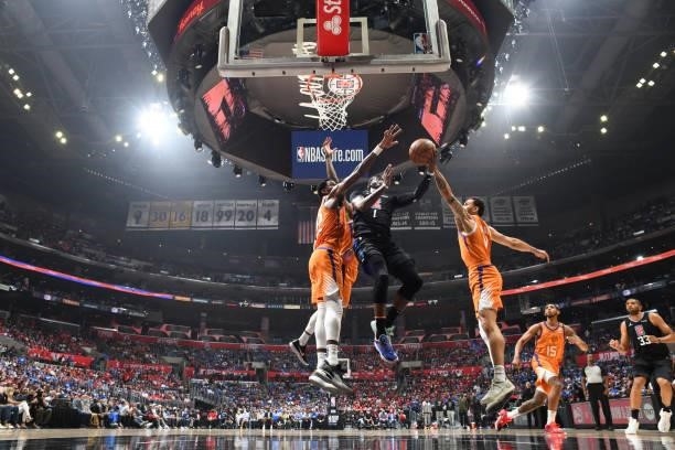 Reggie Jackson of the LA Clippers drives to the basket against the Phoenix Suns during Game 6 of the Western Conference Finals of the 2021 NBA...