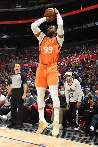 Jae Crowder of the Phoenix Suns shoots a three point basket against the LA Clippers during Game 6 of the Western Conference Finals of the 2021 NBA...