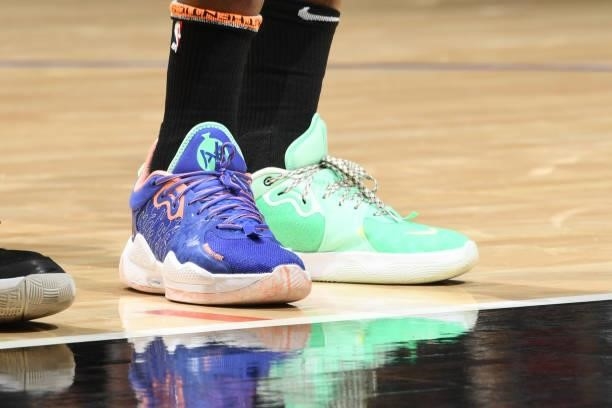The sneakers worn by Reggie Jackson of the LA Clippers during Game 6 of the Western Conference Finals of the 2021 NBA Playoffs on June 30, 2021 at...