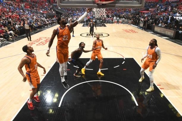 Deandre Ayton of the Phoenix Suns rebounds the ball against the LA Clippers during Game 6 of the Western Conference Finals of the 2021 NBA Playoffs...