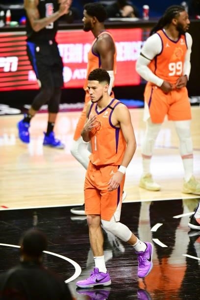 Devin Booker of the Phoenix Suns looks on during the game against the LA Clippers during Game 6 of the Western Conference Finals of the 2021 NBA...