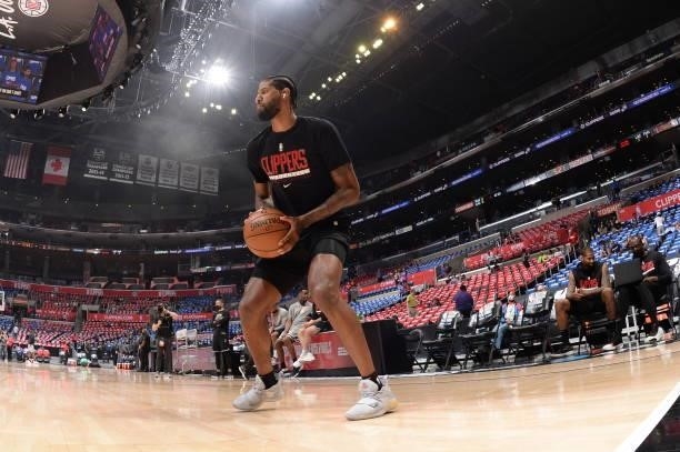 Paul George of the LA Clippers warms up prior to the game against the Phoenix Suns during Game 6 of the Western Conference Finals of the 2021 NBA...