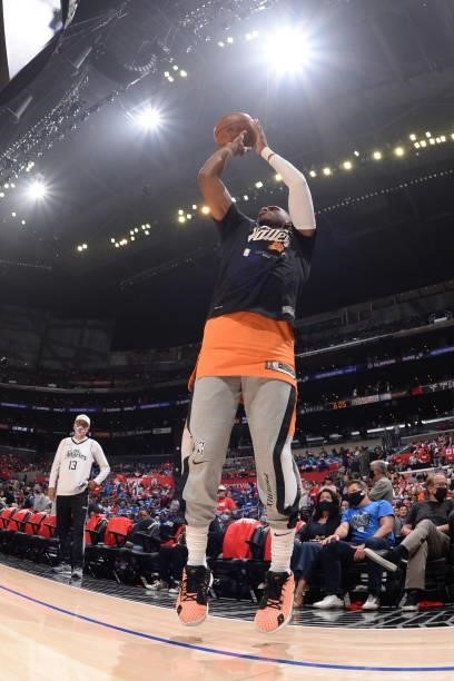 Chris Paul of the Phoenix Suns warms up prior to the game against the LA Clippers during Game 6 of the Western Conference Finals of the 2021 NBA...