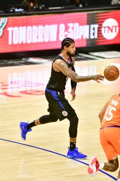 Paul George of the LA Clippers passes the ball during the game against the Phoenix Suns during Game 6 of the Western Conference Finals of the 2021...