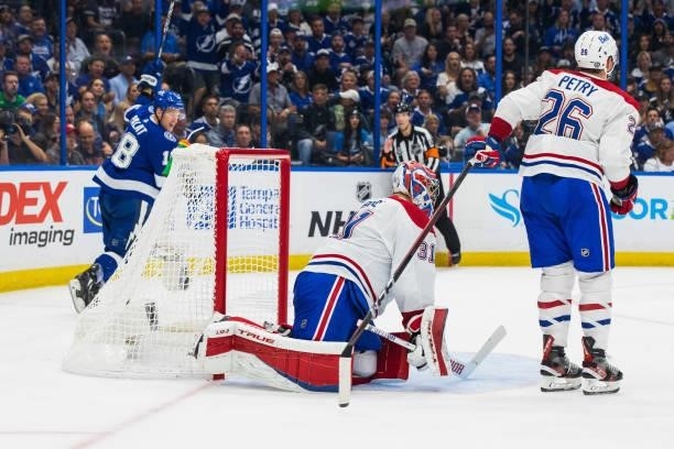 Ondrej Palat of the Tampa Bay Lightning celebrates a goal against goalie Carey Price and the Montreal Canadiens during the third period of Game Two...