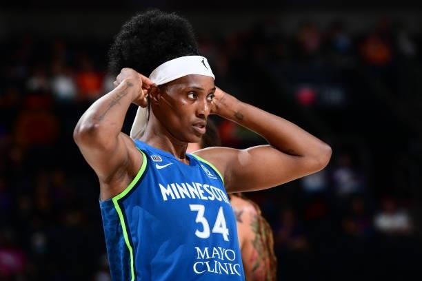 Sylvia Fowles of the Minnesota Lynx looks on during the game against the Phoenix Mercury on June 30, 2021 at Phoenix Suns Arena in Phoenix, Arizona....