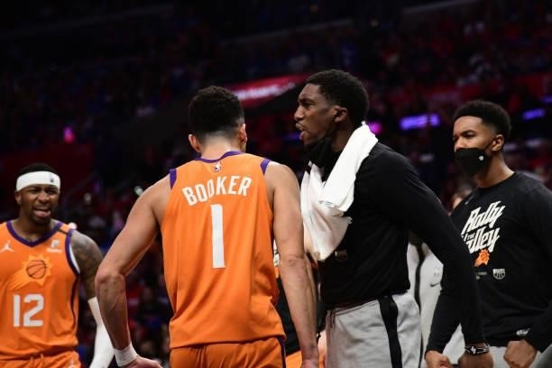 Langston Galloway celebrates with Devin Booker of the Phoenix Suns during Game 6 of the Western Conference Finals of the 2021 NBA Playoffs on June...