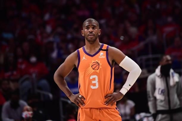 Chris Paul of the Phoenix Suns looks on during Game 6 of the Western Conference Finals of the 2021 NBA Playoffs on June 30, 2021 at STAPLES Center in...