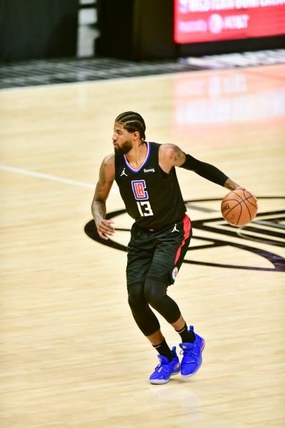 Paul George of the LA Clippers handles the ball during the game against the Phoenix Suns during Game 6 of the Western Conference Finals of the 2021...
