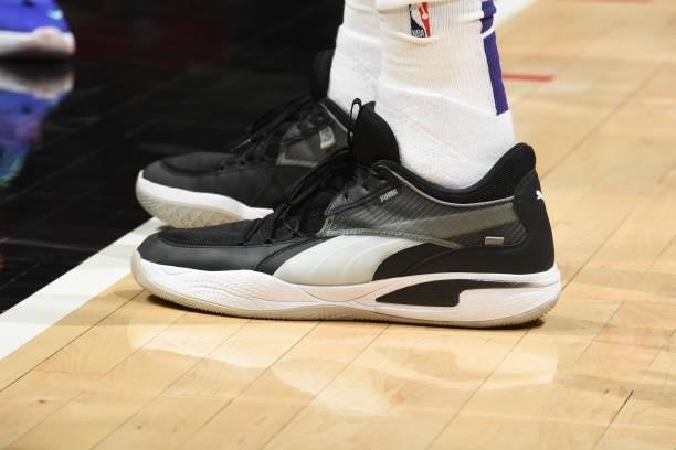 The sneakers worn by Deandre Ayton of the Phoenix Suns during Game 6 of the Western Conference Finals of the 2021 NBA Playoffs on June 30, 2021 at...