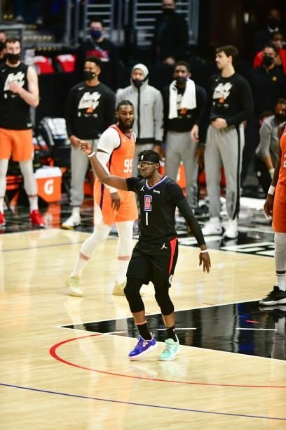 Reggie Jackson of the LA Clippers reacts to a play during the game against the Phoenix Suns during Game 6 of the Western Conference Finals of the...
