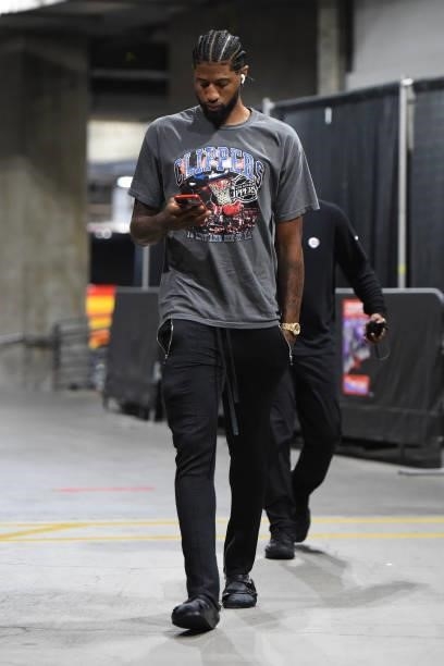 Paul George of the LA Clippers arrives to the arena prior to the game against the Phoenix Suns during Game 6 of the Western Conference Finals of the...