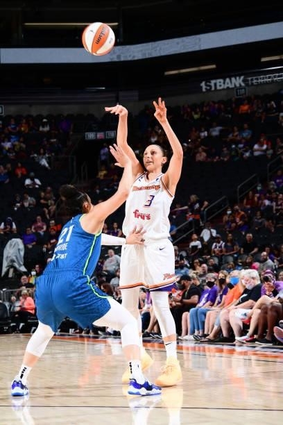 Diana Taurasi of the Phoenix Mercury passes the ball against the Minnesota Lynx on June 30, 2021 at Phoenix Suns Arena in Phoenix, Arizona. NOTE TO...