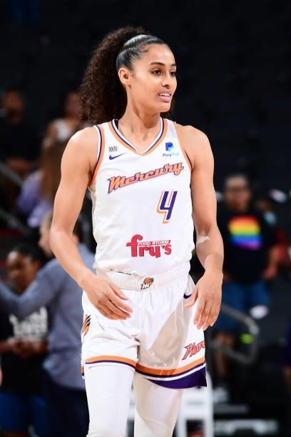 Skylar Diggins-Smith of the Phoenix Mercury smiles during the game against the Minnesota Lynx on June 30, 2021 at Phoenix Suns Arena in Phoenix,...