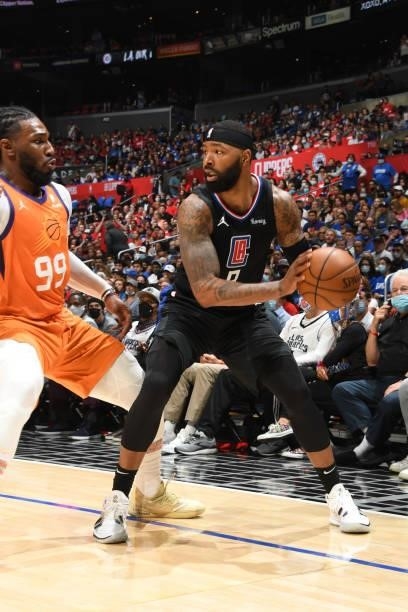 Marcus Morris Sr. #8 of the LA Clippers handles the ball against the Phoenix Suns during Game 6 of the Western Conference Finals of the 2021 NBA...