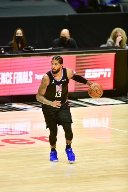 Paul George of the LA Clippers handles the ball during the game against the Phoenix Suns during Game 6 of the Western Conference Finals of the 2021...