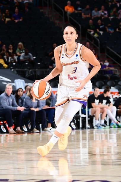 Diana Taurasi of the Phoenix Mercury handles the ball against the Minnesota Lynx on June 30, 2021 at Phoenix Suns Arena in Phoenix, Arizona. NOTE TO...