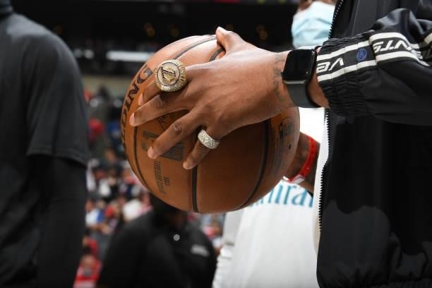 The NBA Championship ring of Markieff Morris of the Los Angeles Lakers during Game 6 of the Western Conference Finals of the 2021 NBA Playoffs on...
