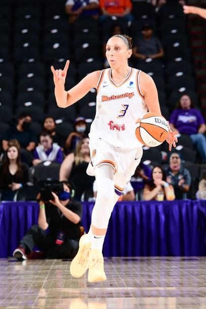 Diana Taurasi of the Phoenix Mercury handles the ball against the Minnesota Lynx on June 30, 2021 at Phoenix Suns Arena in Phoenix, Arizona. NOTE TO...