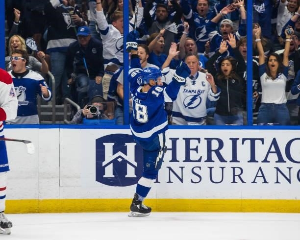 Ondrej Palat of the Tampa Bay Lightning celebrates a goal against the Montreal Canadiens during the third period of Game Two of the Stanley Cup Final...