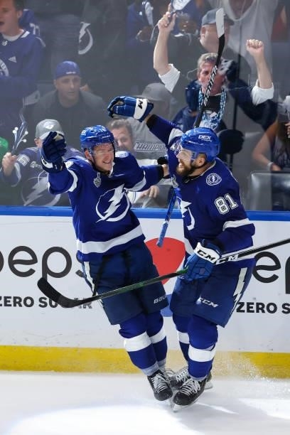 Ondrej Palat of the Tampa Bay Lightning celebrates his goal with teammate Erik Cernak against the Montreal Canadiens during the third period of Game...