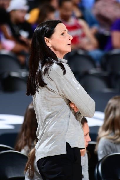 Head Coach, Sandy Brondello of the Phoenix Mercury looks on during the game against the Minnesota Lynx on June 30, 2021 at Phoenix Suns Arena in...