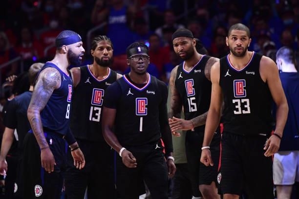 Marcus Morris Sr. #8, Paul George, Reggie Jackson, DeMarcus Cousins and Nicolas Batum of the LA Clippers look on during Game 6 of the Western...