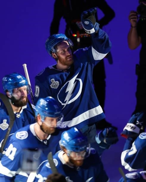 Blake Coleman and the Tampa Bay Lightning celebrate the win against the Montreal Canadiens after Game Two of the Stanley Cup Final of the 2021...