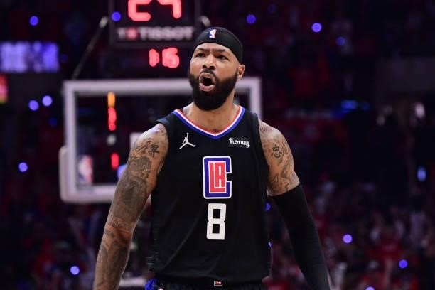 Marcus Morris Sr. #8 of the LA Clippers celebrates during Game 6 of the Western Conference Finals of the 2021 NBA Playoffs on June 30, 2021 at...