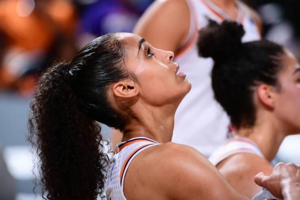 Skylar Diggins-Smith of the Phoenix Mercury looks on during the game against the Minnesota Lynx on June 30, 2021 at Phoenix Suns Arena in Phoenix,...