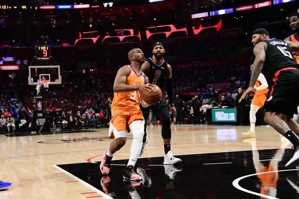 Chris Paul of the Phoenix Suns drives to the basket during Game 6 of the Western Conference Finals of the 2021 NBA Playoffs on June 30, 2021 at...
