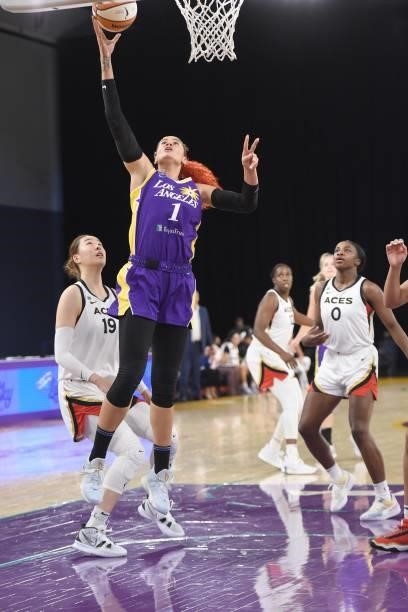 Amanda Zahui B of the Los Angeles Sparks shoots the ball against the Las Vegas Aces on June 30, 2021 at the Los Angeles Convention Center in Los...