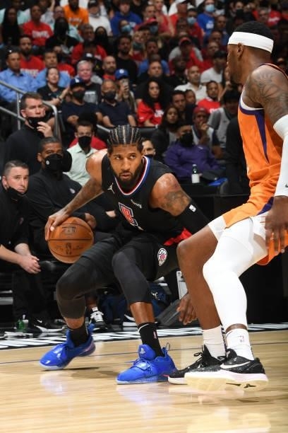 Paul George of the LA Clippers drives to the basket against the Phoenix Suns during Game 6 of the Western Conference Finals of the 2021 NBA Playoffs...
